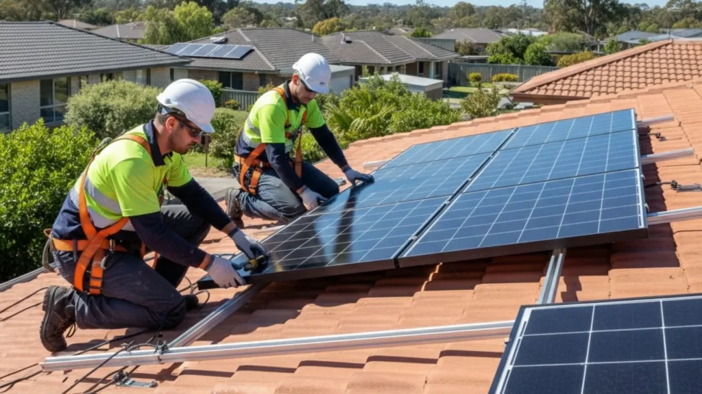 Professional solar installers fitting rooftop solar panels on a Canberra home in the ACT