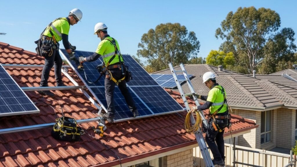 Solar installation technicians mounting panels on a Canberra home roof