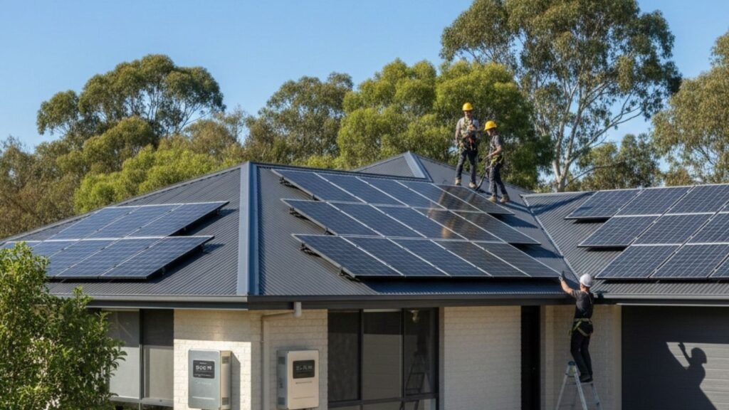 Solar panel installation on a residential rooftop in Canberra under clear blue skies
