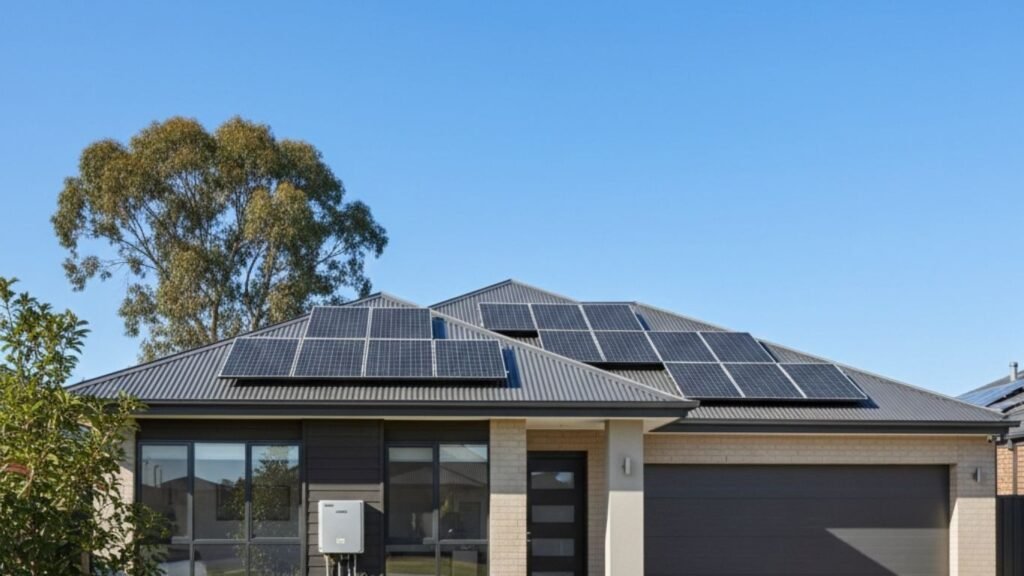 Solar panels installed on a Canberra home rooftop under clear blue skies