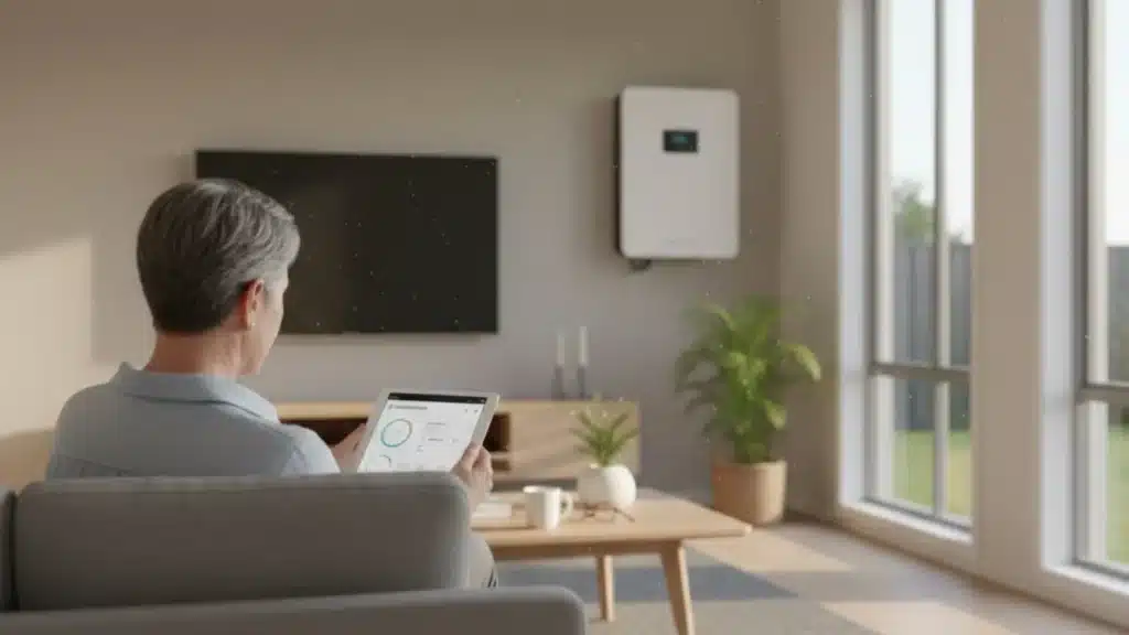 Canberra homeowner reviewing solar battery energy usage and storage performance data