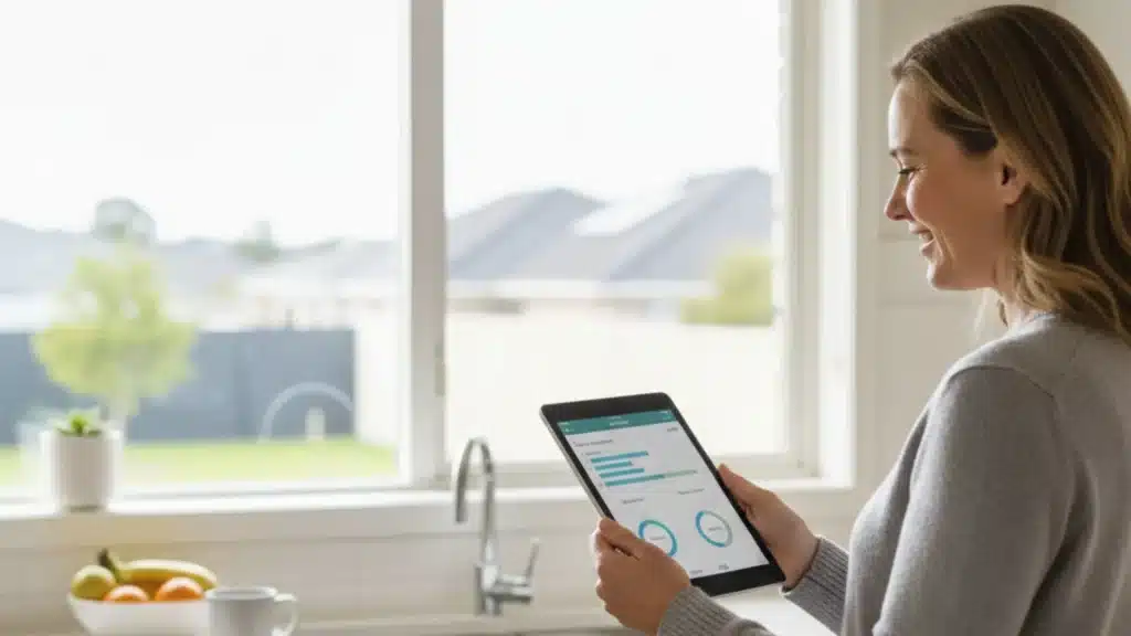 Canberra homeowner reviewing solar energy usage and battery storage data