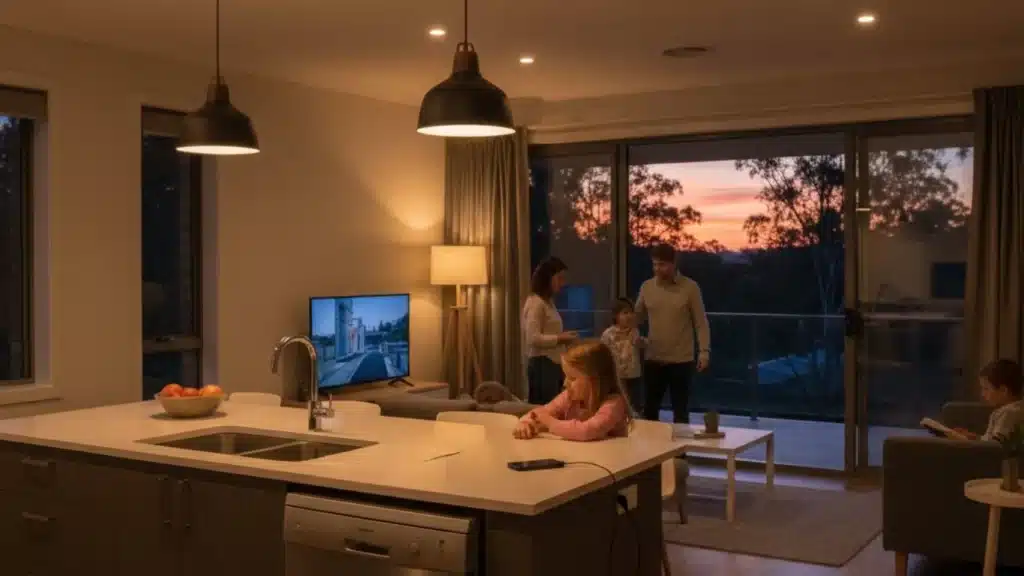 Evening home powered by stored solar battery energy in Canberra