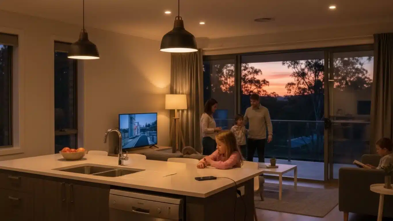 Evening home powered by stored solar battery energy in Canberra