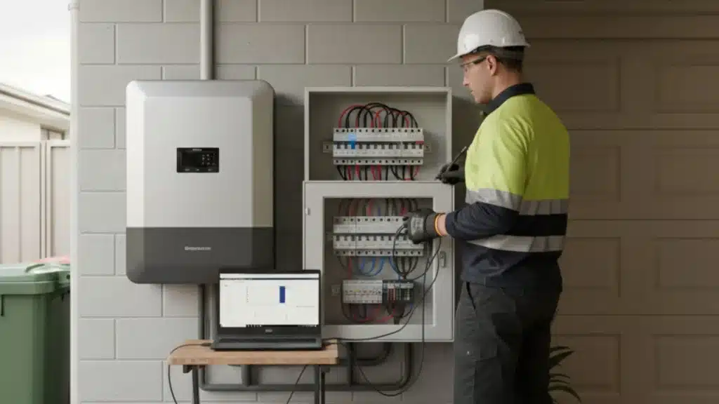 Licensed electrician inspecting solar inverter system in ACT home