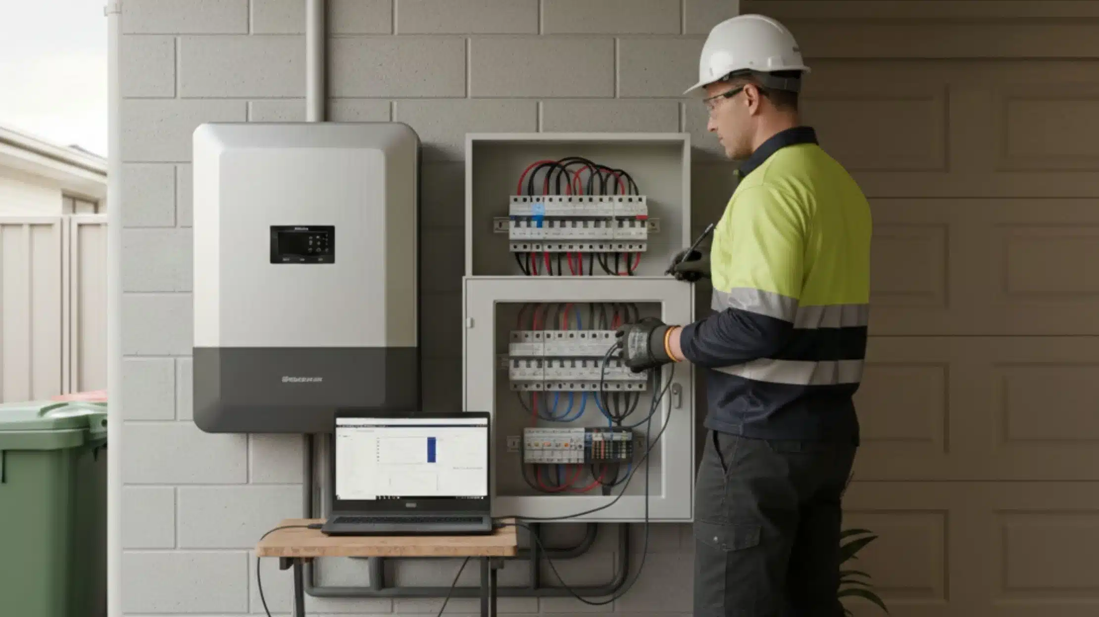 Licensed electrician inspecting solar inverter system in ACT home