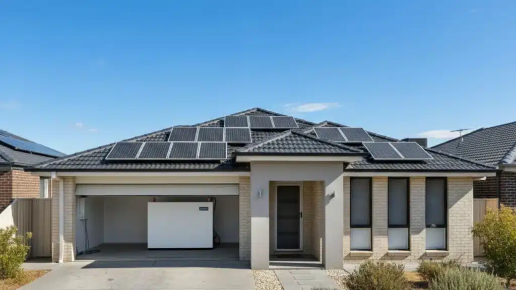 Rooftop solar panels on suburban ACT house with battery storage unit