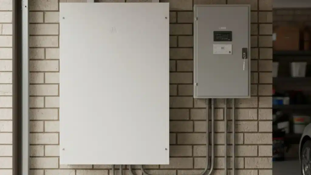 Solar battery system installed in a Canberra home garage with monitoring display